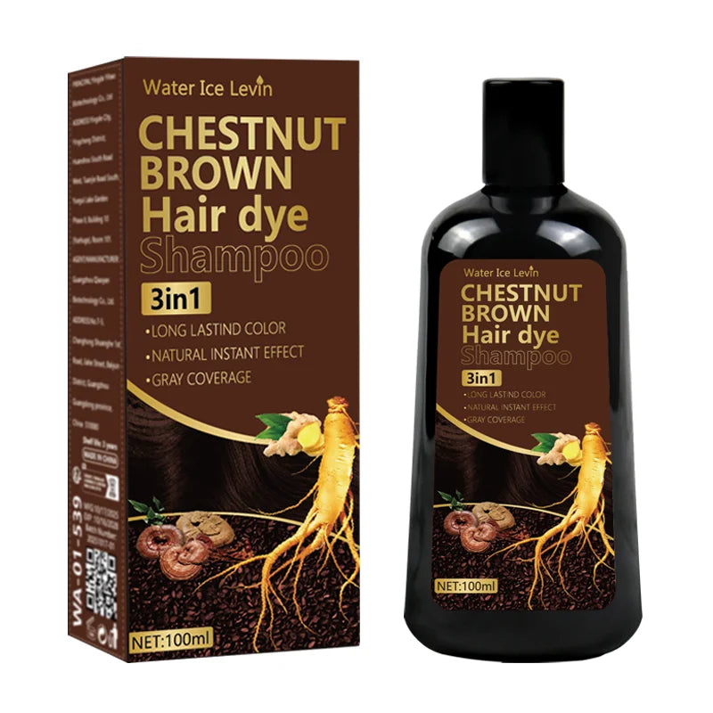 Water Ice Levin 3-in-1 Chestnut Brown Hair Dye Shampoo with Ginger & Ginseng for Instant Gray Coverage & Long-Lasting Color