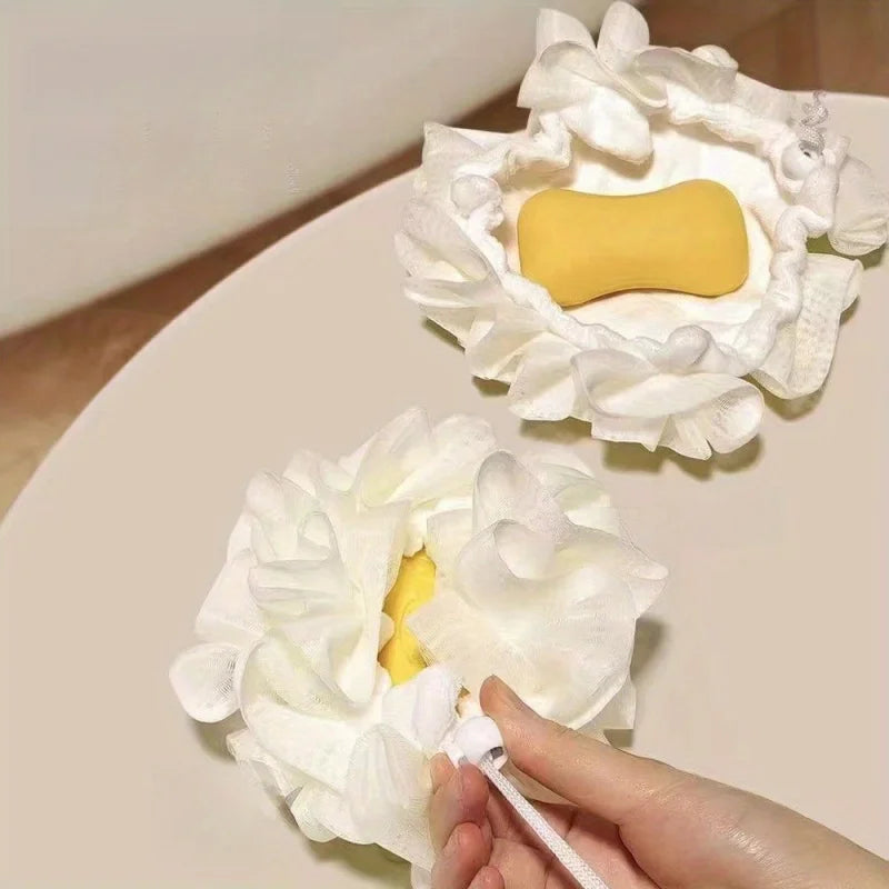 2-In-1 Bath Ball Towel Loofah With Drawstring Closure For Soap Soft Exfoliating Mesh Shower Sponge Skin Care Bathing Tool