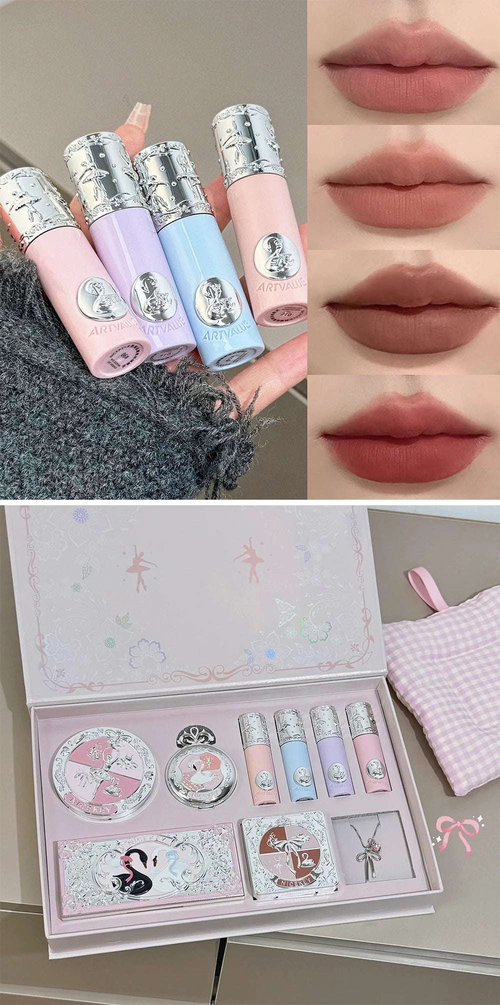 NICEKEY Pink Ballet Makeup Sets Include 4 Lip Mud,1 Blush,1 Pressed Powder,1 Eyes Palette,1 Contour Palette With Necklace Gift