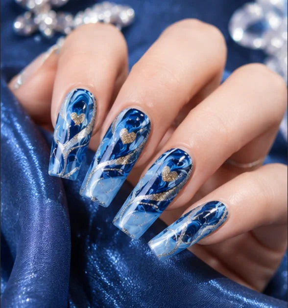 24 Pack Blue Gradient Press on Nails - Gold Curve Line Medium Square Acrylic Fake Nails - Glossy Love Heart False Nails for Women