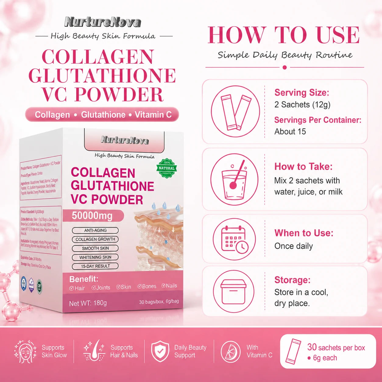 Collagen Peptides Glutathione Vitamin C Powder 30 Sachets, Marine Collagen Drink Mix for Beauty Wellness Support Adults 180g