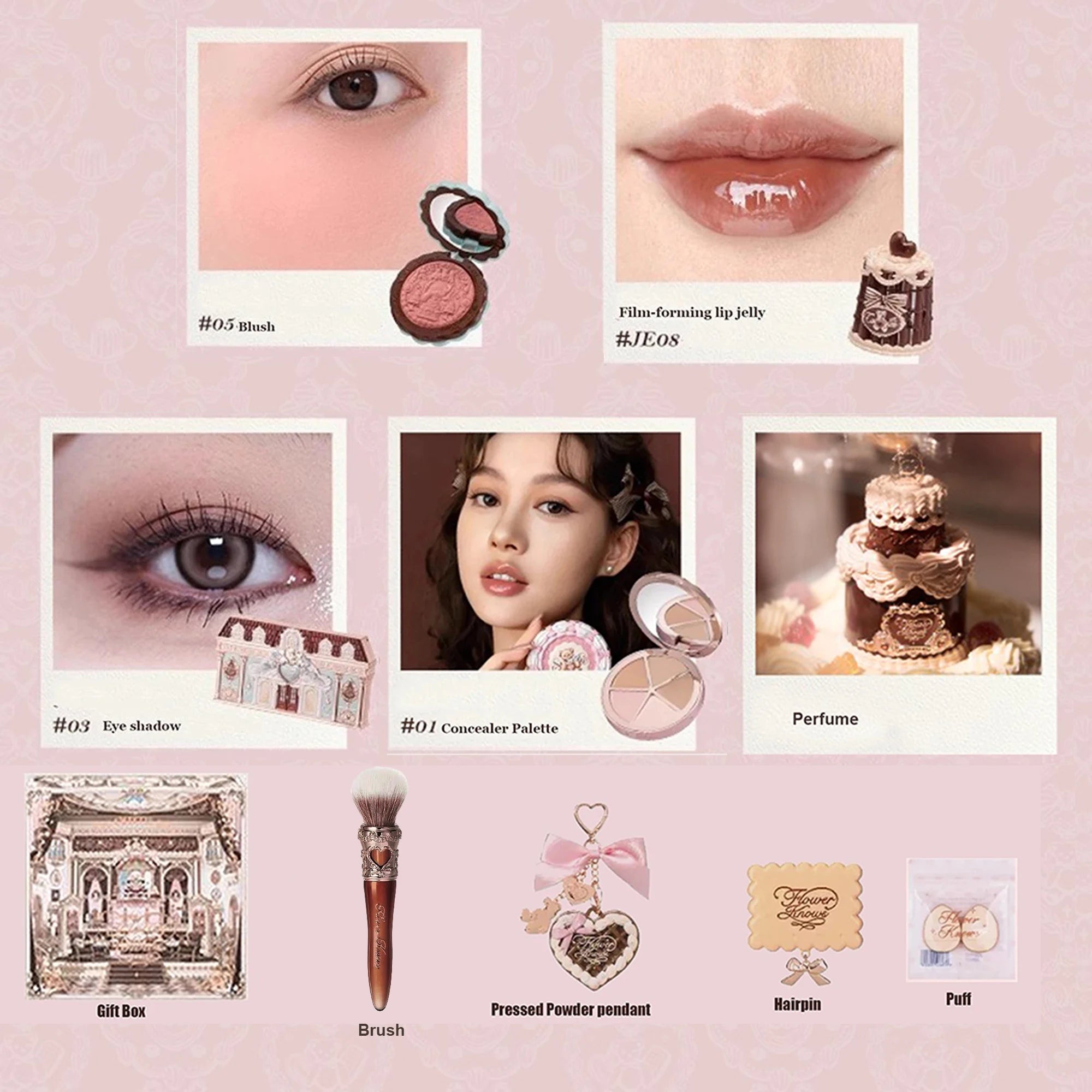 Flower Knows SWEETIE BEAR Makeup Box Gift Set All In One Perfume Shimmer Eye Shadow Palette Blush Lip Jelly Box 10 PCS