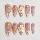 24Pcs Mid-length Gilded Almond Nails Set Press on 3D Flower Gradient Pink Full Cover False Nails Tips Pearl Reusable Fake Nails