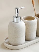 5Pcs athroom Accessories set  Lotion Dispenser Toothbrush Holder Tray Tumbler Cup Soap Dish Beige and Grey