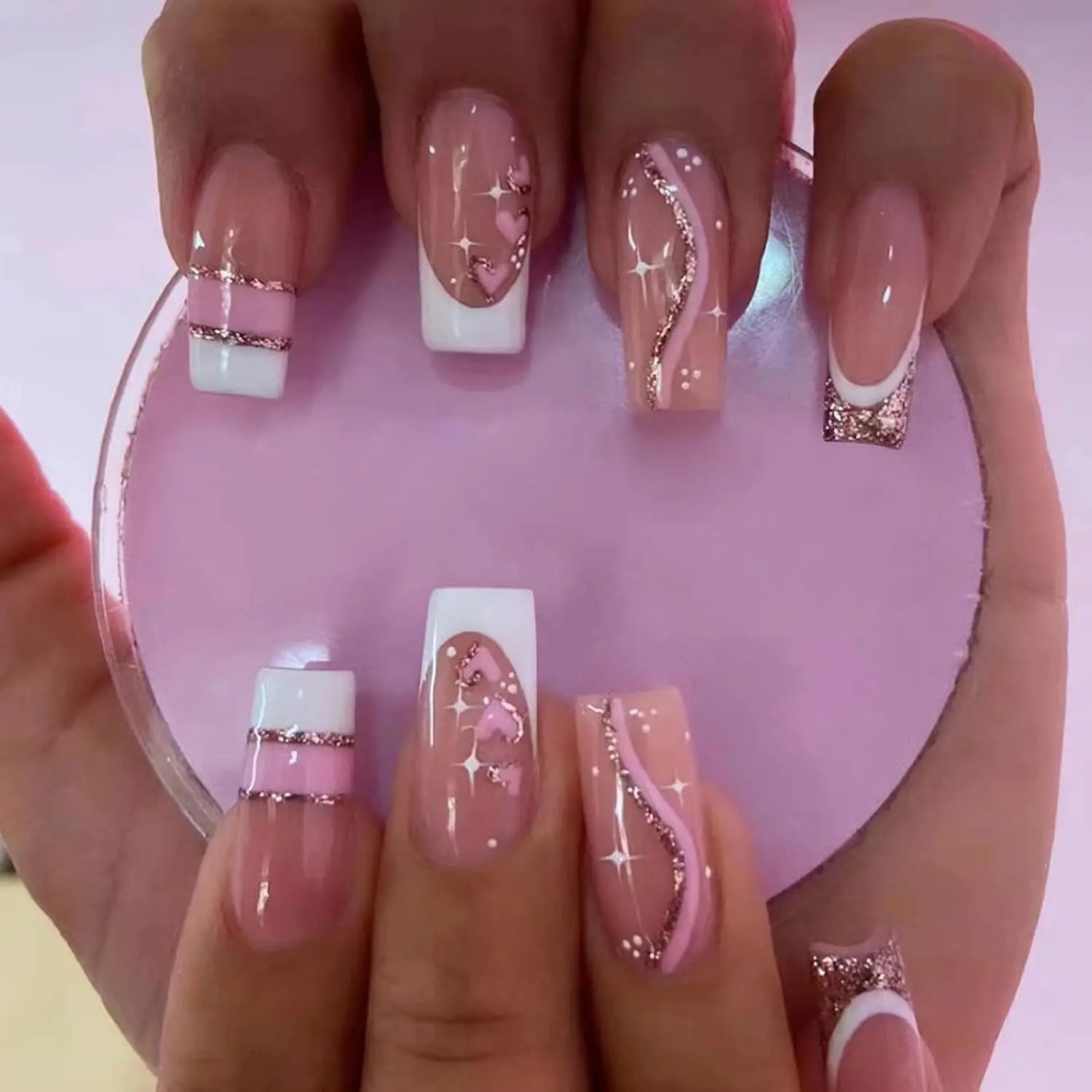 24 PCs Short French Gradient Love Nails with 1 Jelly Gel and 1 Nail File-For Girl Mother Women Gift