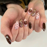 24Pcs Autumn Winter Matte Almond False Nails with Glue Rose Leaf Printing Nail Art Simple Full Cover Press on Acrylic Nails Tips