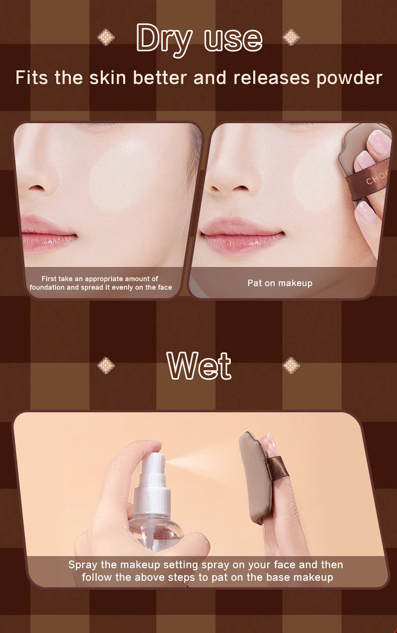 GECOMO 6 PCS Chocolate Powder Puff Set, Wet And Dry Sponge, Soft Leather Flocking Makeup Cushion