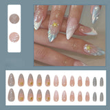 24PCS Long Press On NailsStiletto Black Silver Bowknot Dissymmetry Fake Nails Powder Full Cover Fake Nail Set Nails Art
