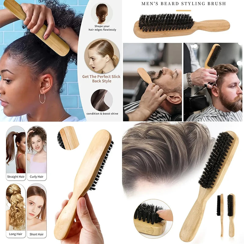 Boar Bristle Slick Back Hair Brush for Sleek Ponytail Bun & Smoothing Baby Hairs, Flyaways, Edge Control - Backcombing & Teasing