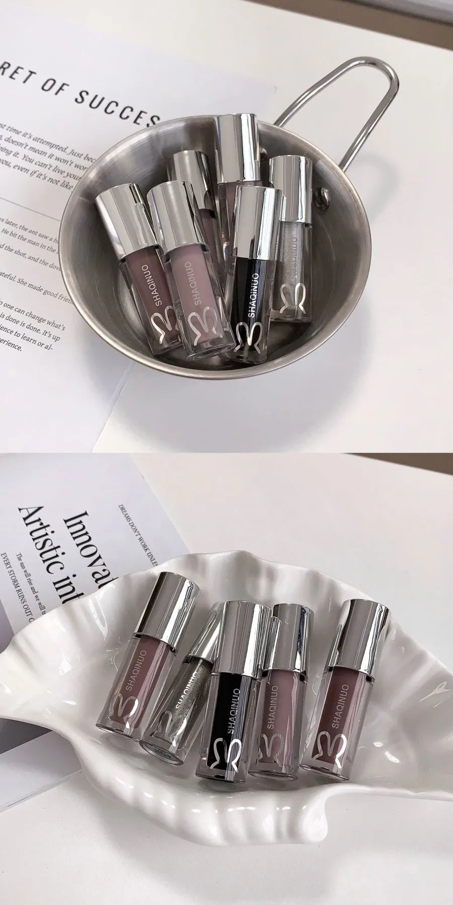 Water Light Mirror Lip Gloss Lasting Moisturizing Cool Black Silver Gray Pearlescent Fine Sparkling Lipstick Lip Oil
