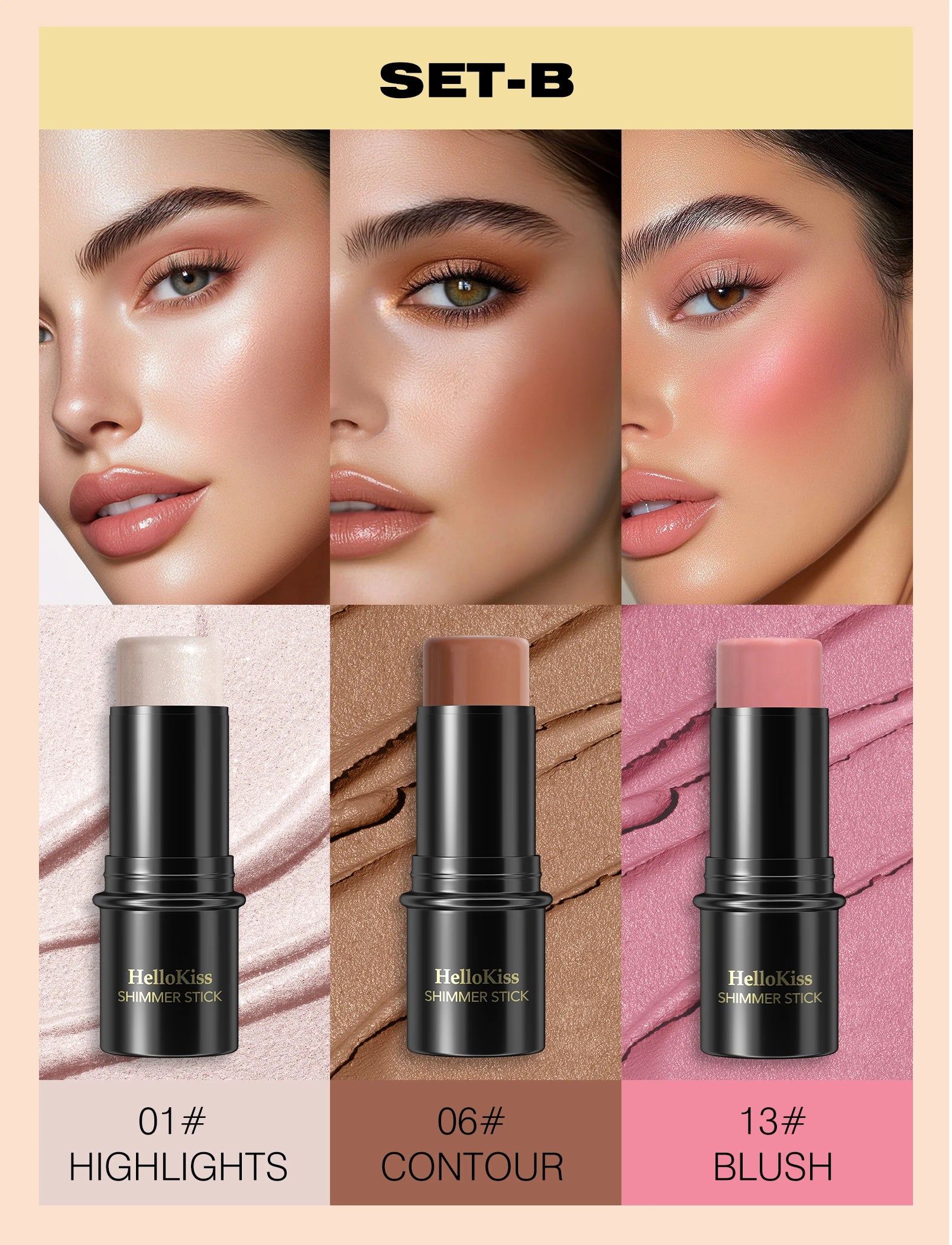 1 Set of 3 Contouring Sticks, Highlighter Stick, Blush Stick, 3-Piece Cream Contouring Set, Create Facial Contours, Non-Greasy