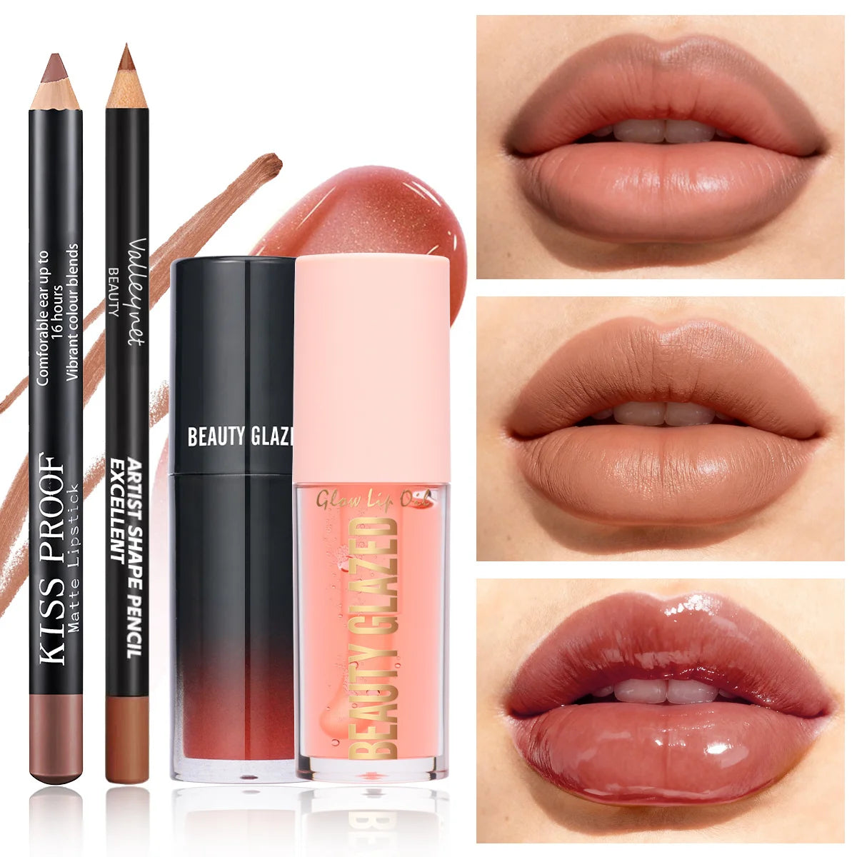 4Pcs/Set Velvet Lip Combo, Matte Lip Liner, Lip Oil Nude Gloss, Long-lasting Waterproof, Sophisticated Lip Look