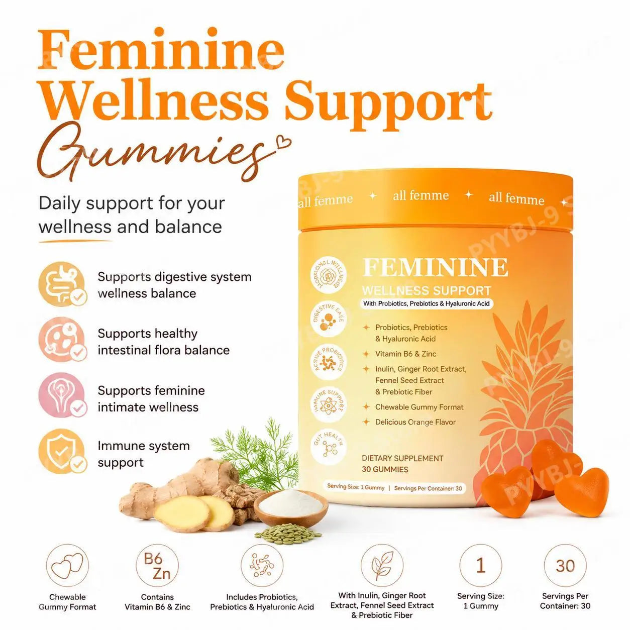 All Femme Chewable Feminine Wellness Support Gummies with Probiotics Prebiotics Hyaluronic Acid Vitamin B6 and Zinc 30 Gummies