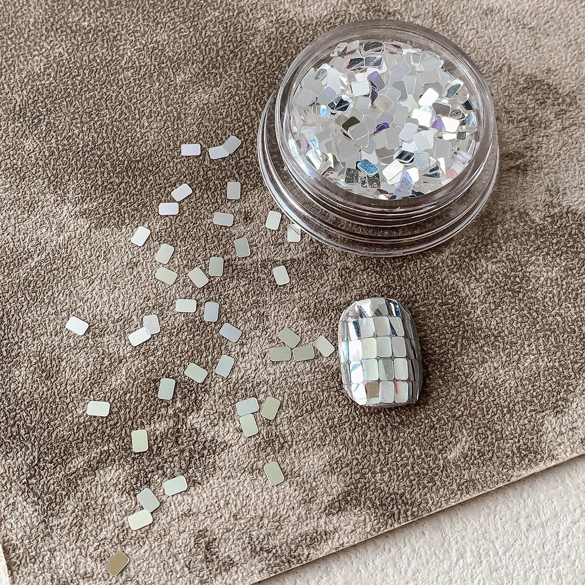Square silver glitter nail accessories boxed, simple and sparkling, light luxury style , nail decorations