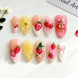 24pcs Wearable Press on Nails Strawberry Bow Design Nails Tips Red Short Almond Pearl Starlight Fake Nail Art Flower False Nails