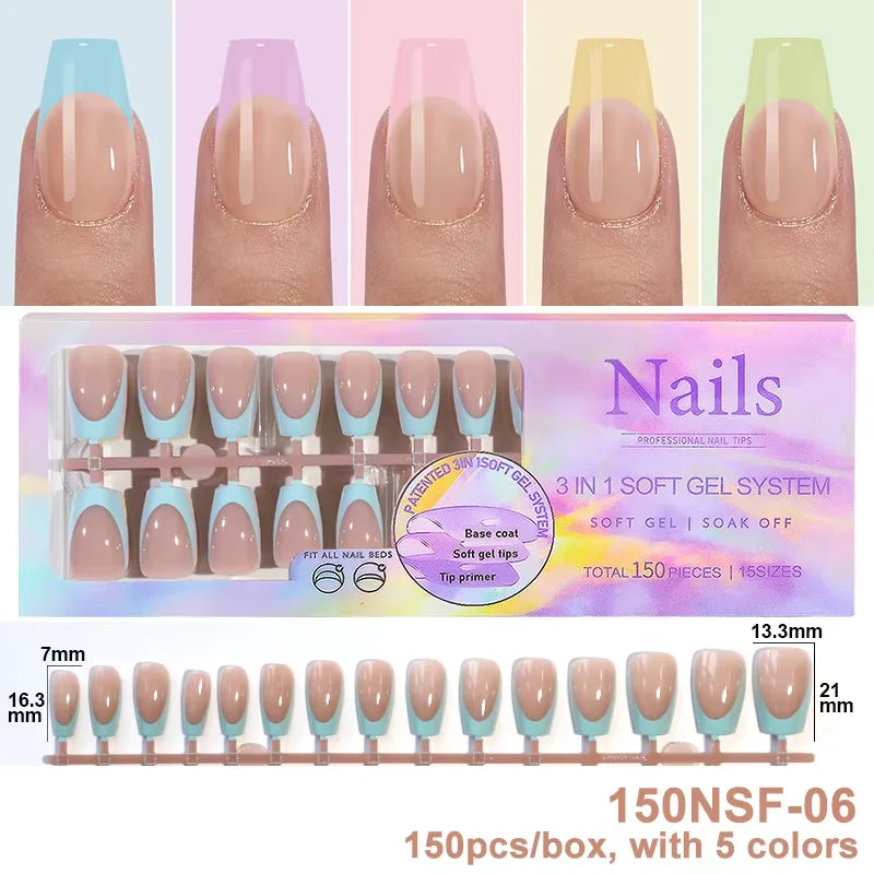 150Pcs/Box Acrylic Press on Nails Full Cover Fake False Tips Soft Gel Extension T-shaped Oval Capsule Almond Sculpted Salon DIY