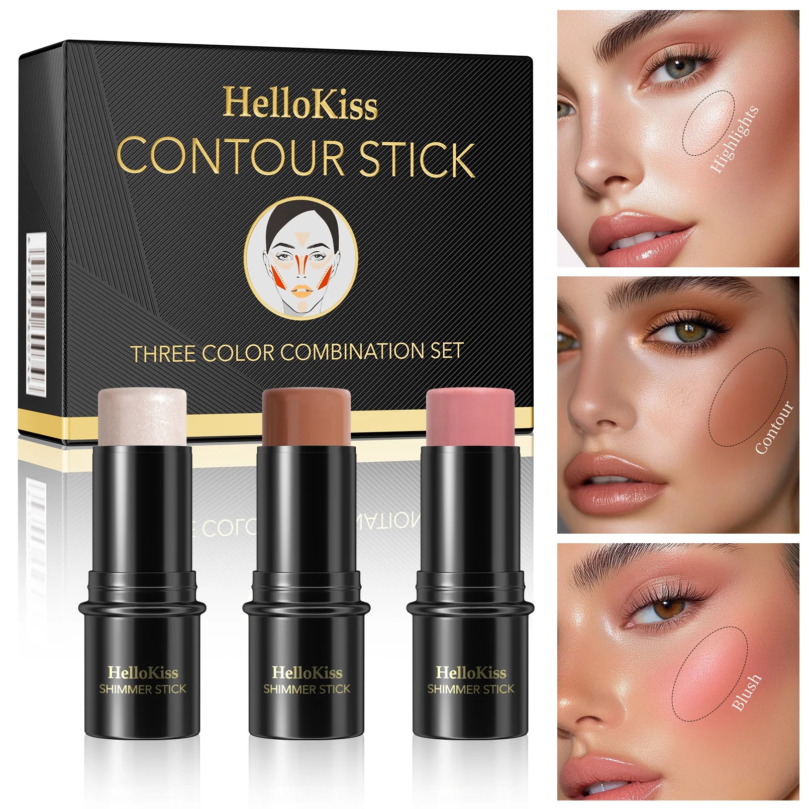 1 Set of 3 Contouring Sticks, Highlighter Stick, Blush Stick, 3-Piece Cream Contouring Set, Create Facial Contours, Non-Greasy