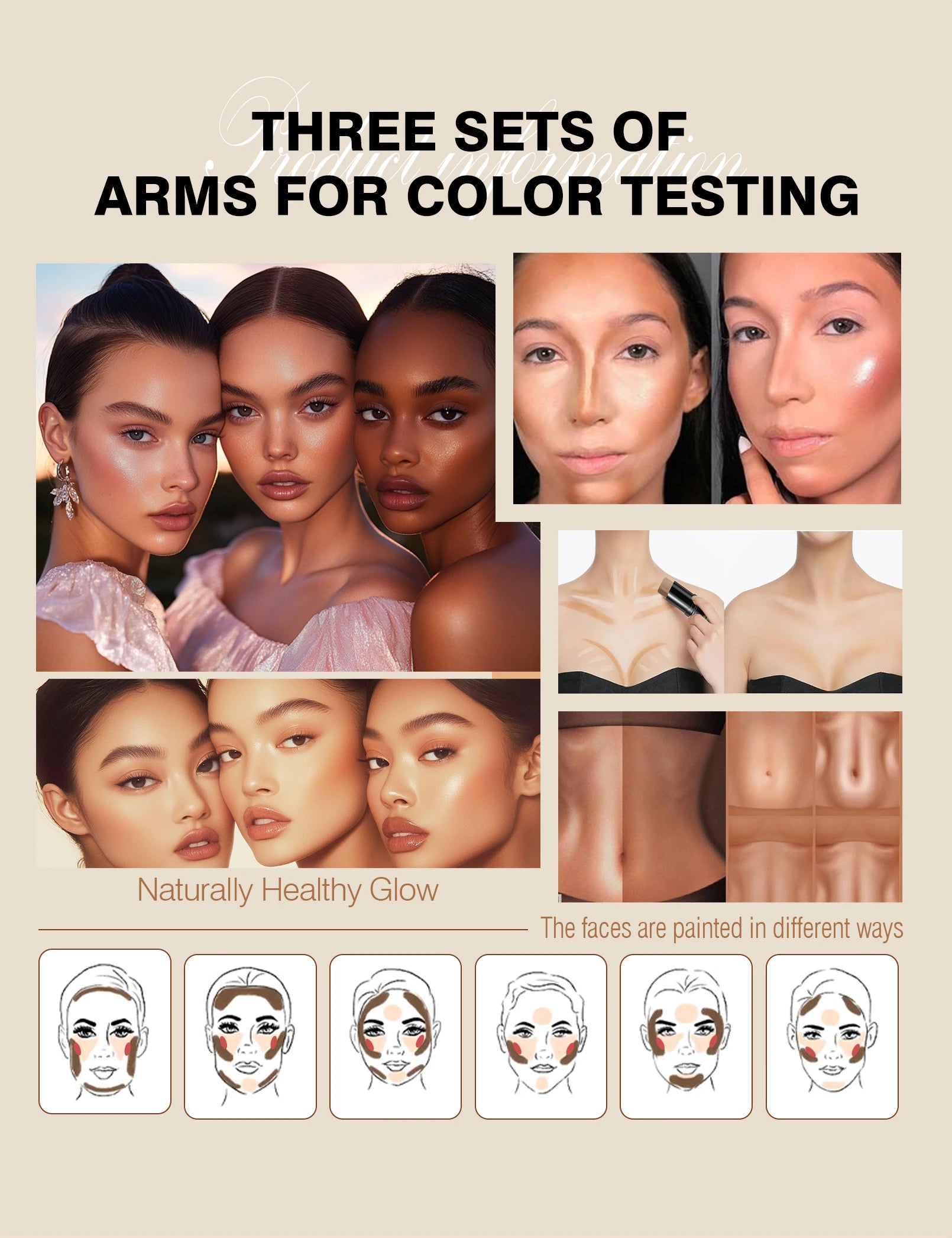 1 Set of 3 Contouring Sticks, Highlighter Stick, Blush Stick, 3-Piece Cream Contouring Set, Create Facial Contours, Non-Greasy