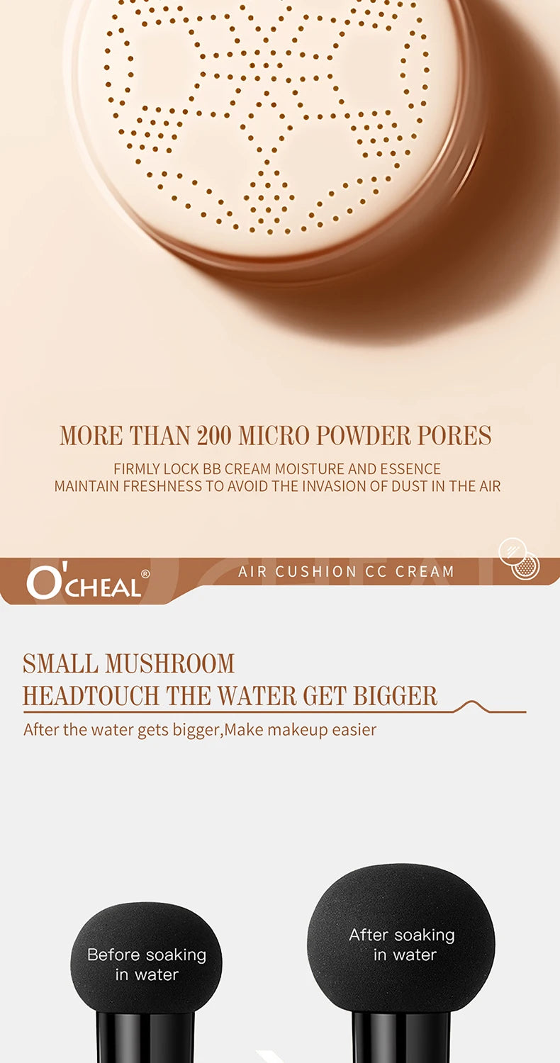O'CHEAL Mushroom Cushion CC Cream Face Airy Coverage Long-lasting Moisturizing Waterproof Oil Control Concealer BB Cream Makeup