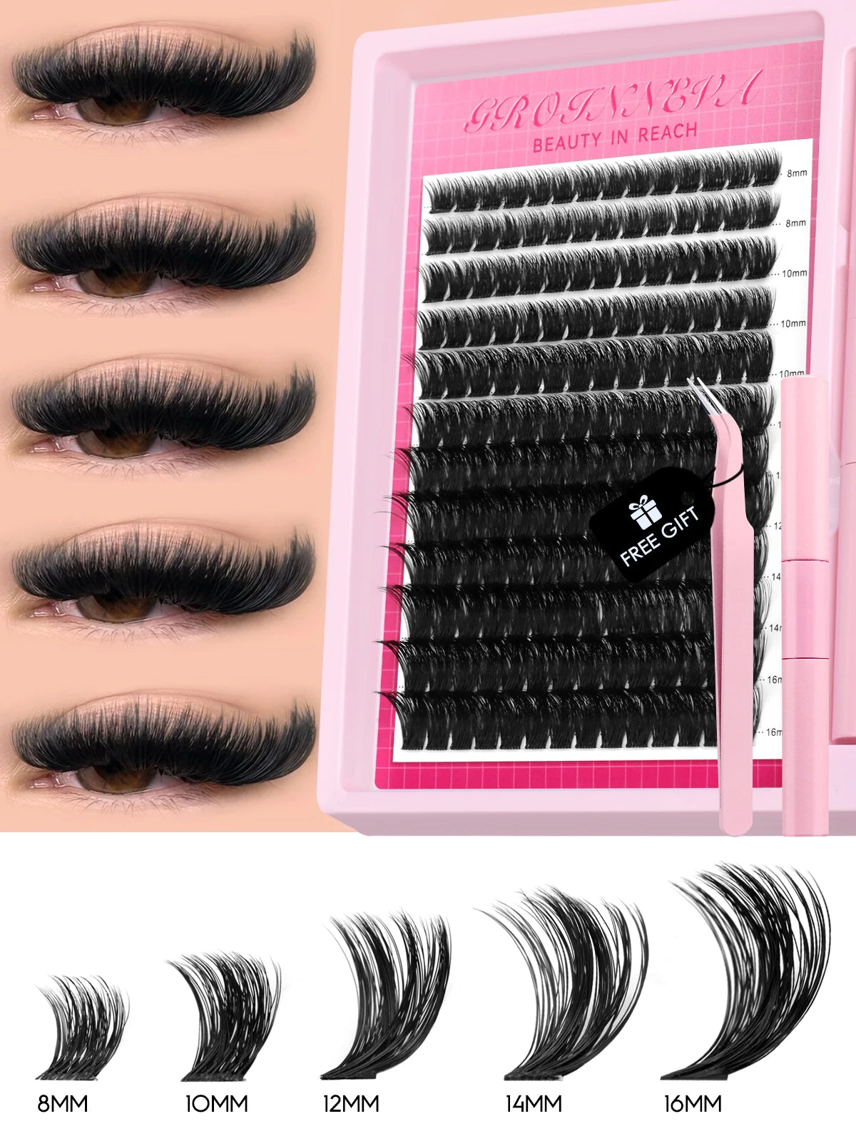 GROINNEYA Lash Clusters Kit Fluffy Individual Lashes C Curl Cluster DIY Lash Extension Kit Lash Bond and Seal Eyelash Extensions
