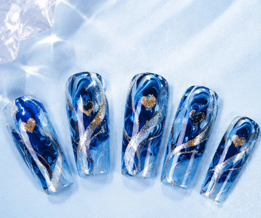 24 Pack Blue Gradient Press on Nails - Gold Curve Line Medium Square Acrylic Fake Nails - Glossy Love Heart False Nails for Women