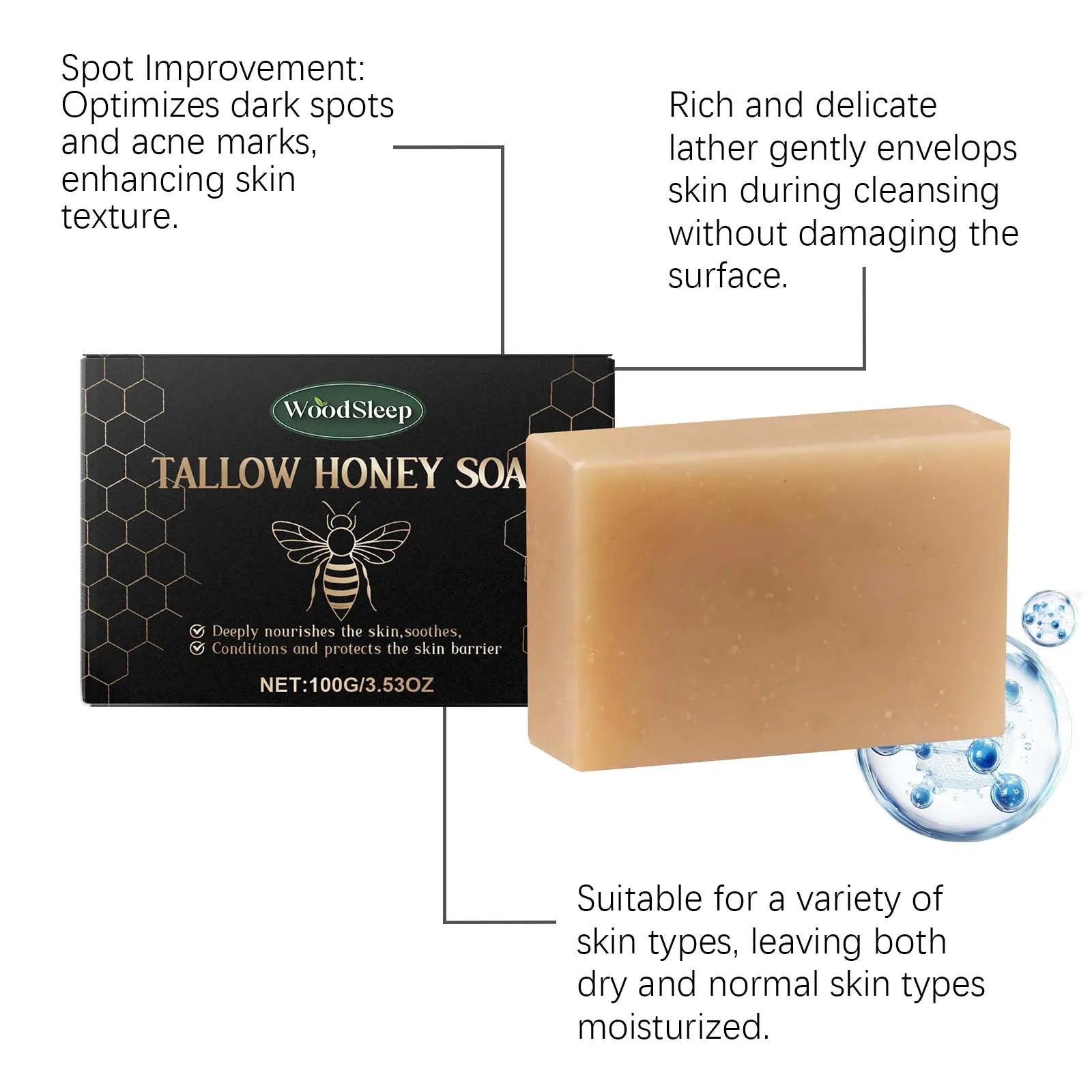 Tallow Honey Soap Bar Gentle Cleansing Bar for Face & Body Rich Lather Moisturizing Redness Relief Soften Smoothing Skin Care