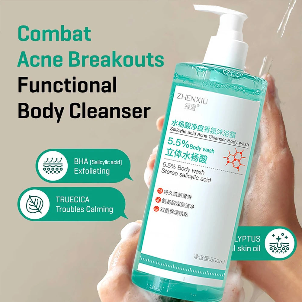 16.9 oz Salicylic Acid Body Wash, Gentle & Smoothing  Mild Exfoliating Daily Acne Body Wash Deep Cleanses Back Acne and Sebum