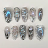24PCS Long Press On NailsStiletto Black Silver Bowknot Dissymmetry Fake Nails Powder Full Cover Fake Nail Set Nails Art