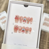 10Pcs Sweet Mid-length Ballet False Nails Art Fashion Pink Cat Eye Lovely Bow Wearable Finished Nails Set Summer Acrylic Nails