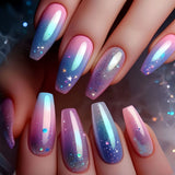 24Pcs Medium Short Square False Nails Glittering Nail Art White Wearable Fake Nail Silver French Full Cover Press on Nail Tips