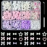 12Grid/Box Mixed Resin Bowknot Nail Charms 3D Colorful Bow Kawaii Rhinestone Nail Art Decorations DIY Manicure Parts Pen Tweezer