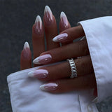 24Pcs Simple Wine Red Fake Nail with Mid-length Design Almond Press on False Nails Wearable Round Head Oval Full Cover Nail Tips