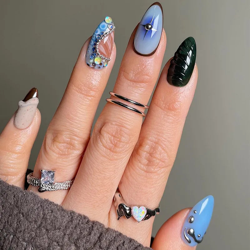 24pcs Romantic Y2k Star Press On Nails Gradient Blue French Style Gold Moon Designs Fake Nail Sweet Almond False Nails For Women