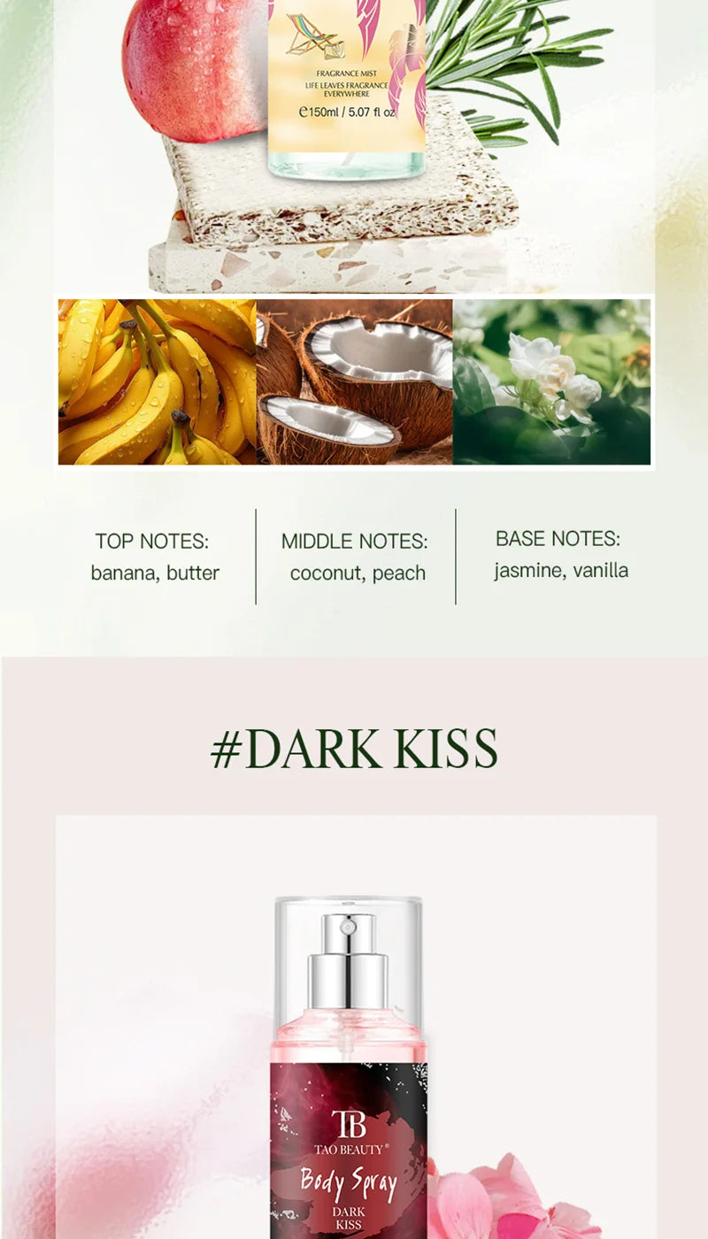The fragrance spray has a long-lasting, faint floral scent with a fruity note. It is a fragrance body spray without alcohol.
