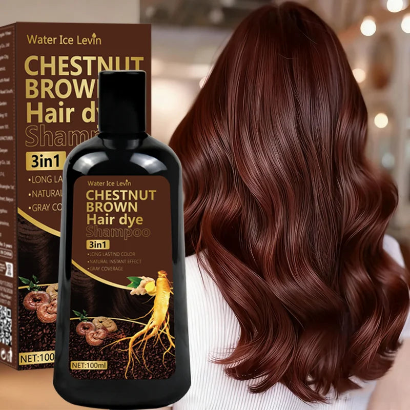 Water Ice Levin 3-in-1 Chestnut Brown Hair Dye Shampoo with Ginger & Ginseng for Instant Gray Coverage & Long-Lasting Color