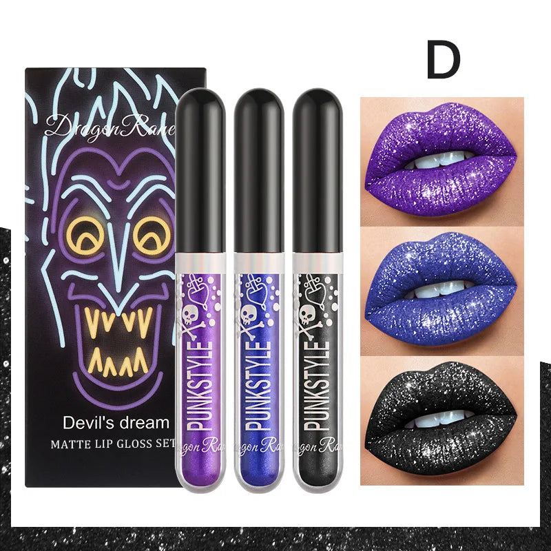Halloween Lip Gloss Set Sparkling Purple Black Non Stick Lipstick Trio For Party Makeup Beauty Gift