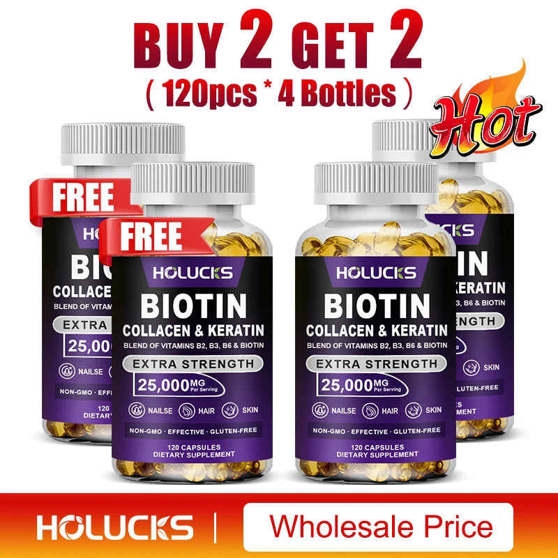 Biotin+Collagen+Keratin Capsules, Hydration, Promotes Hair Growth, Strengthens Weak Nails, Joints & Bones, Anti-Aging, Whitening