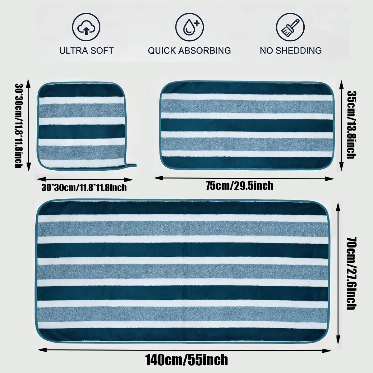 18pcs Luxury Bath Towels Set - Quick-Dry Highly Absorbent Plush Soft Coral Fleece-like Texture, Multi-Size Family Bathroom Towels with Hanging Loops (30x30cm, 70x140cm) for Home, Hotel & Spa - Navy & Striped Design, Durable &
