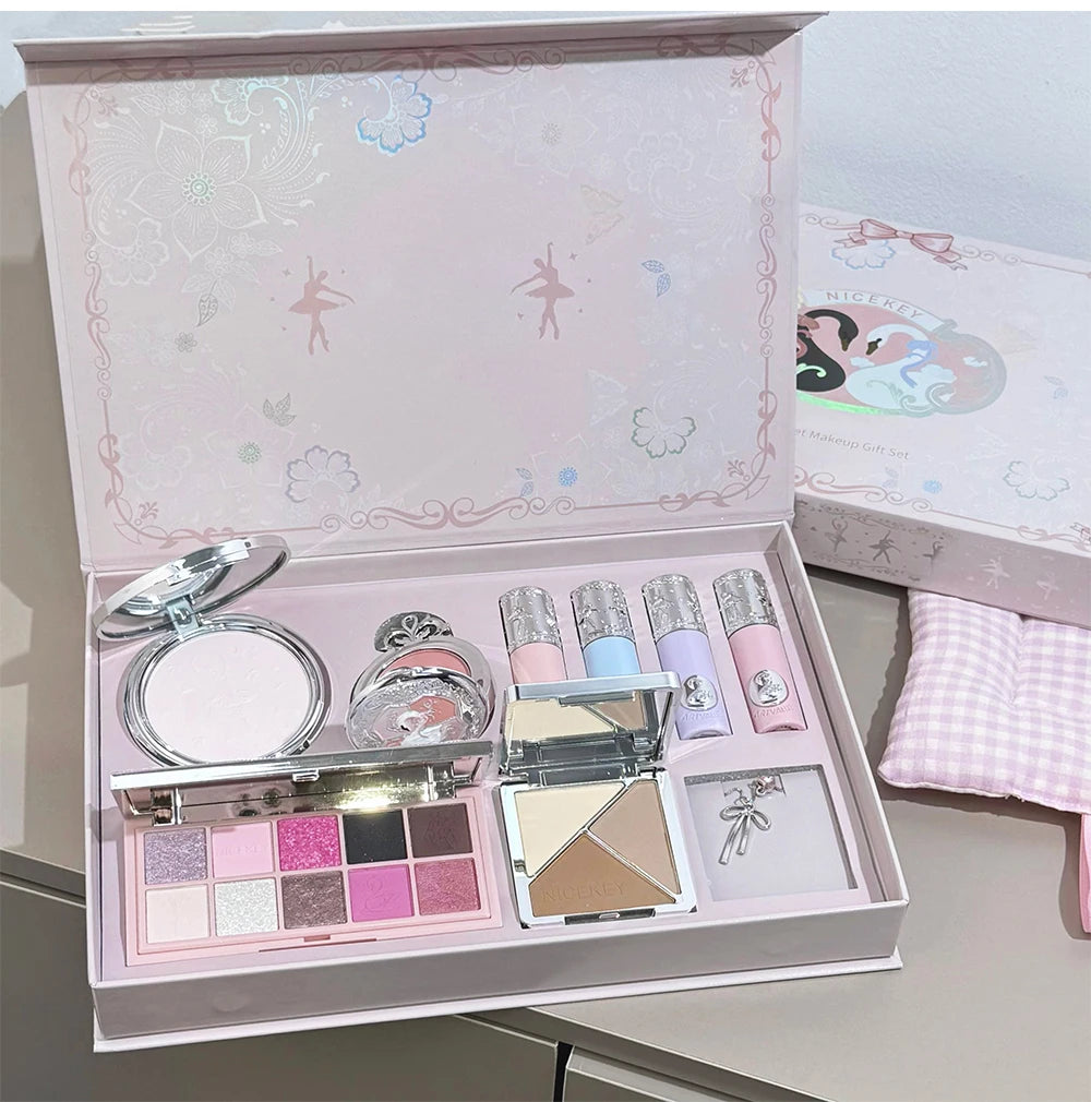 NICEKEY Pink Ballet Makeup Sets Include 4 Lip Mud,1 Blush,1 Pressed Powder,1 Eyes Palette,1 Contour Palette With Necklace Gift