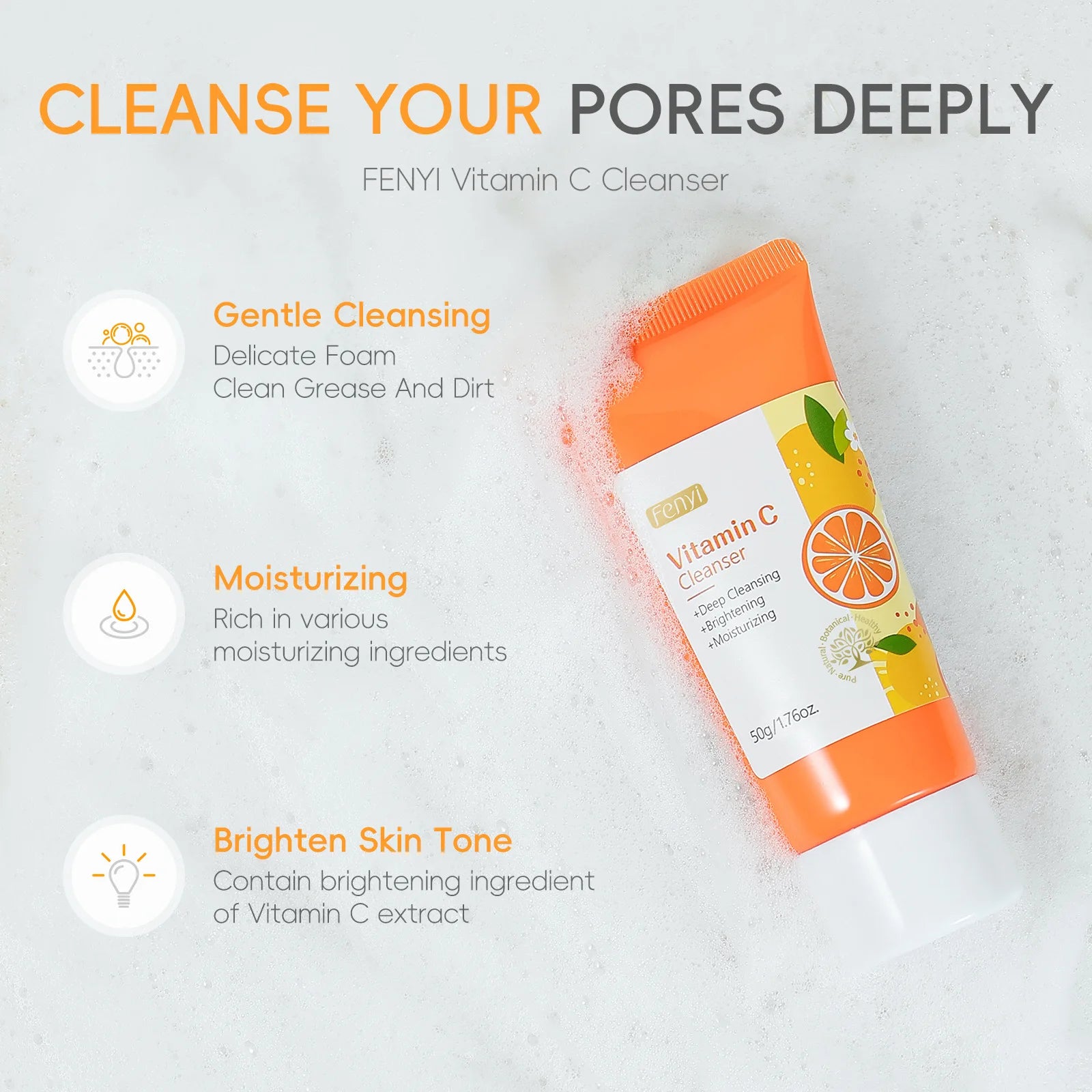 Vitamin C Facial Cleanser Deep Cleansing Moisturizing Blackhead Removal Gentle Foam Hydrating Non-Drying Face Wash Cleanser