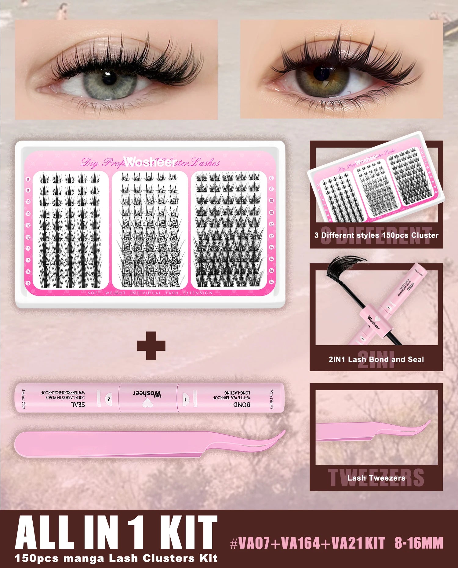 WOSHEER Manga Lash Clusters Kit Cat Lashes with Lash Bond & Seal Cluster Eyelash Extensions Mixed Tray Eyelash Clusters Kit