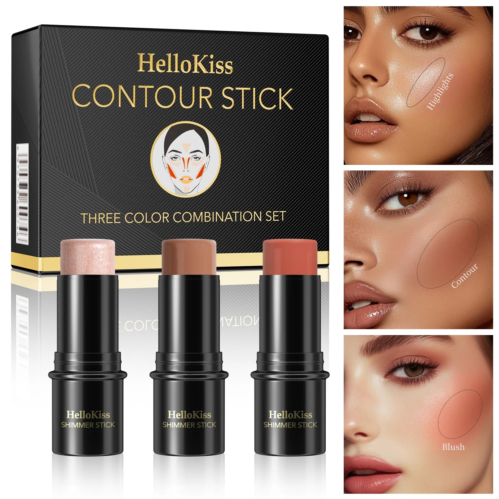 1 Set of 3 Contouring Sticks, Highlighter Stick, Blush Stick, 3-Piece Cream Contouring Set, Create Facial Contours, Non-Greasy