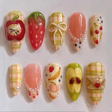24pcs Wearable Press on Nails Strawberry Bow Design Nails Tips Red Short Almond Pearl Starlight Fake Nail Art Flower False Nails