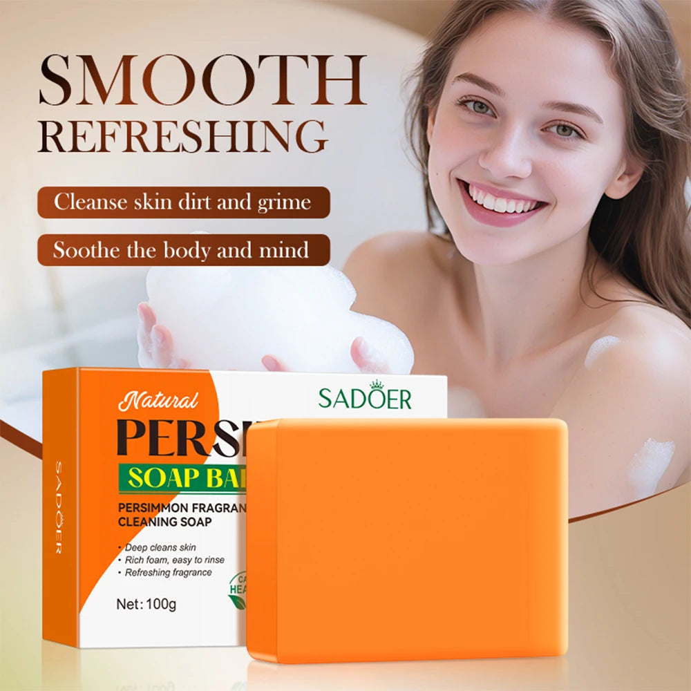 1/2PCS Persimmon Cleansing Soap Bar With Foaming Net Body Care Face Wash Exfoliating Whitening Soap Fruit Handmade Shower Soap