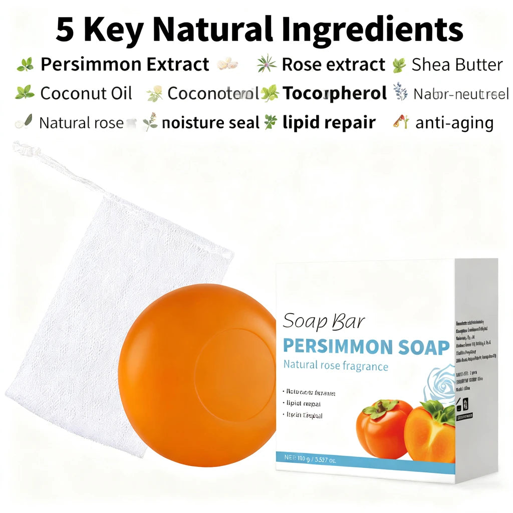 Persimmon Soap Bar Japanese Persimmon & Green Tea Extract For Men and Women Gentle on All Skin Types Deodorizing Soap Rose Scent