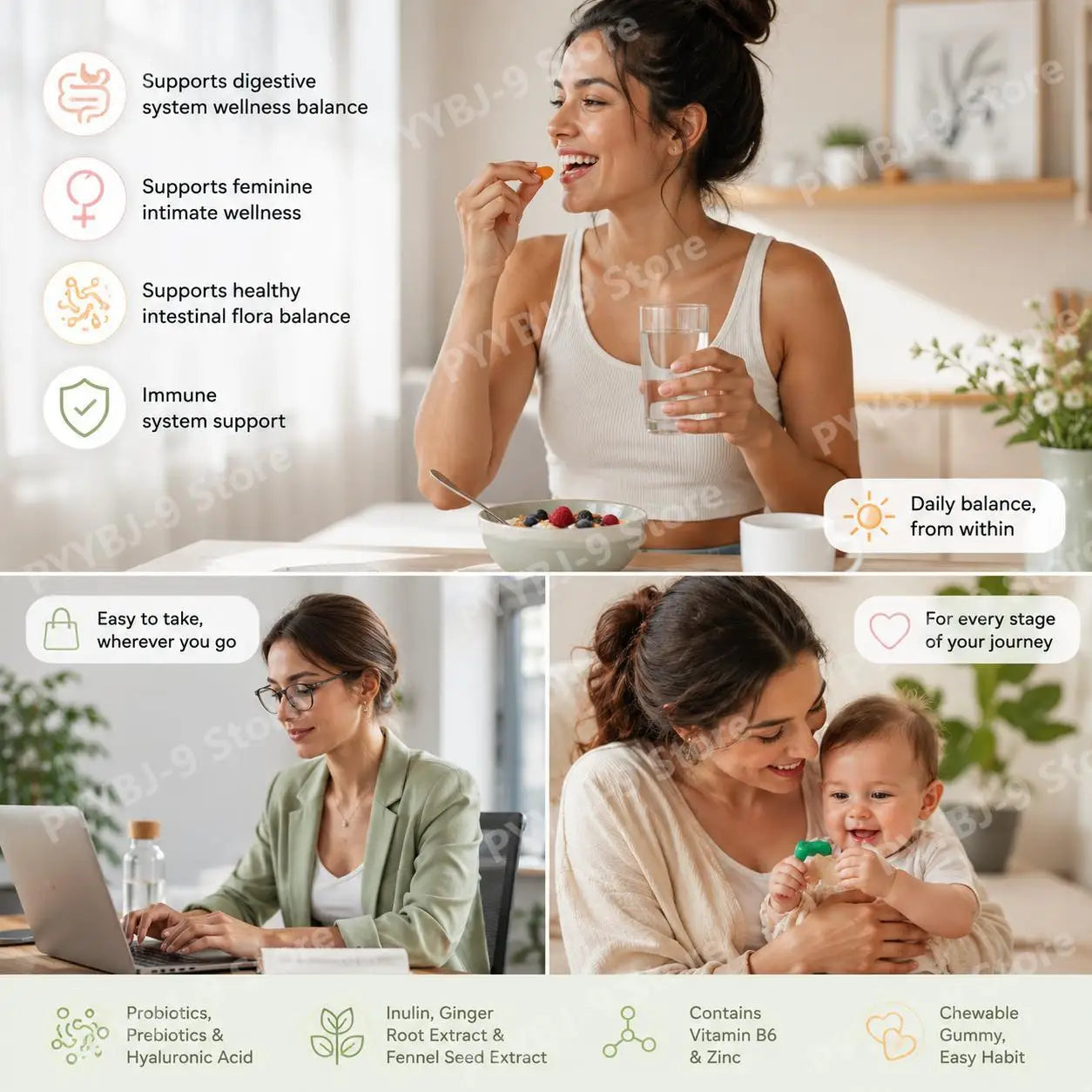 All Femme Chewable Feminine Wellness Support Gummies with Probiotics Prebiotics Hyaluronic Acid Vitamin B6 and Zinc 30 Gummies