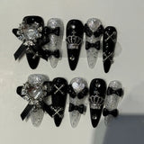 Long Stiletto Press on Fake Nails Blue Heart Diamond Bow Decoration False Nail Y2K Fashion Artificial Nail Handmade Acrylic Nail