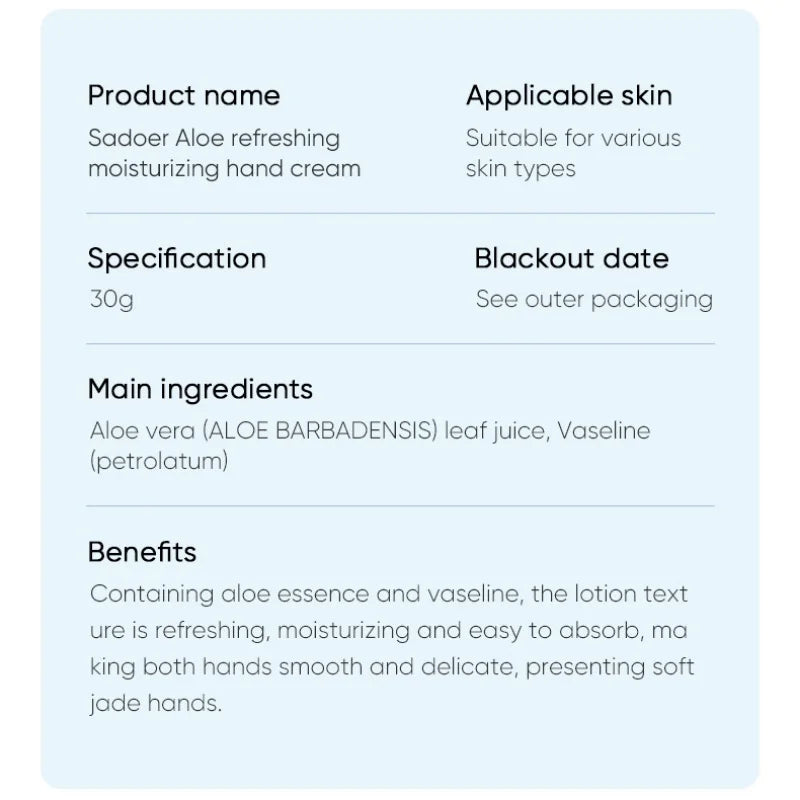 SADOER Aloe Hand Cream for Moisturizing Hydrating Hand Care 30g