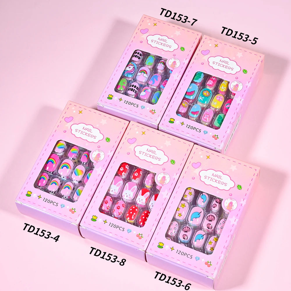120Pcs Children's Press on Nails Kids Cartoon Acrylic Fake Nails Tips Kawaii Girl Full Cover Short False Nails With Jelly Glue#@