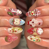 24PCS Medium Almond Press On Nails Wine Red Cute Cartoon Rabbit Bowknot Plaid Pearl False Nails Kawaii Nails Full Cover Wearable